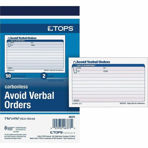 Tops  Verbal Orders Book,Carbonless,2-Part,4-1/4"x7",50 Sets/BK