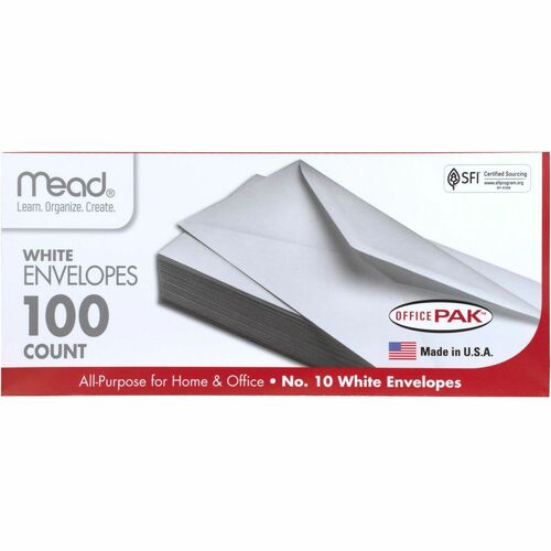 Mead  Plain Envelopes, Gummed, No 10, 100/BX, White