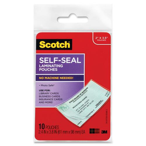 3M  Self-Sealing Laminating Pouches,10/PK,2-7/16"x3-7/8",Clear