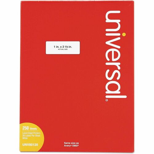 Universal  White Labels, Inkjet/Laser Printers, 1 x 2.63, White, 30/Sheet, 250 Sheets/Pack