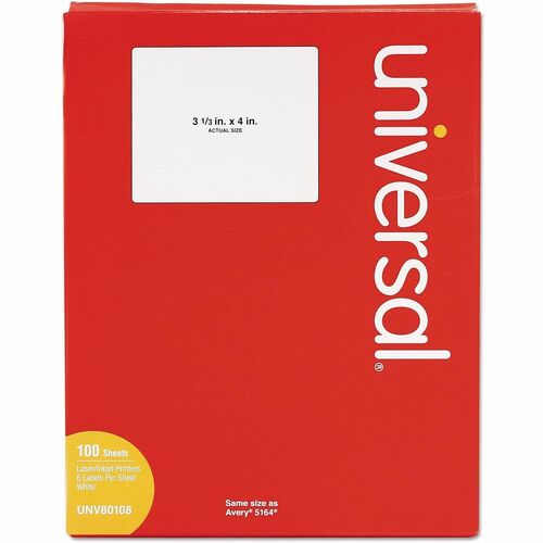 Universal  White Labels, Inkjet/Laser Printers, 3.33 x 4, White, 6/Sheet, 100 Sheets/Box