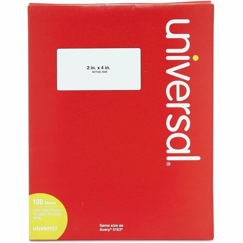 Universal  White Labels, Inkjet/Laser Printers, 2 x 4, White, 10/Sheet, 100 Sheets/Box