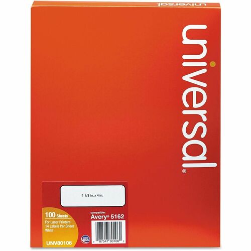 Universal  White Labels, Inkjet/Laser Printers, 1.33 x 4, White, 14/Sheet, 100 Sheets/Box