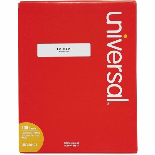 Universal  White Labels, Inkjet/Laser Printers, 1 x 4, White, 20/Sheet, 100 Sheets/Box