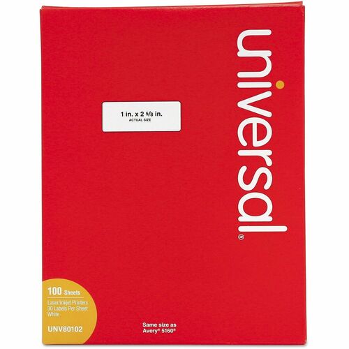 Universal  White Labels, Inkjet/Laser Printers, 1 x 2.63, White, 30/Sheet, 100 Sheets/Box