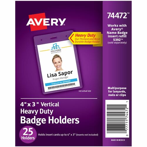 Avery  Badge Holders, Top Load, Portrait, Pre-Punched, 3"x4", 25/PK