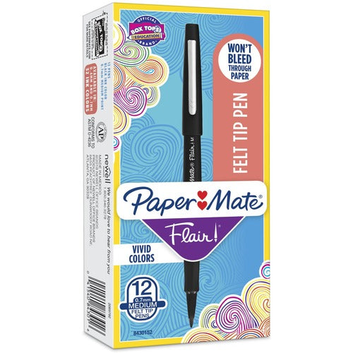 Paper Mate  Flair Pen, Point Guard Tip, Medium Pt, BK Barrel/Ink