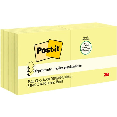 3M  Pop-up Notes, Recycled, 100 Sh/PD, 3"x3", 12/PK, Canary YW