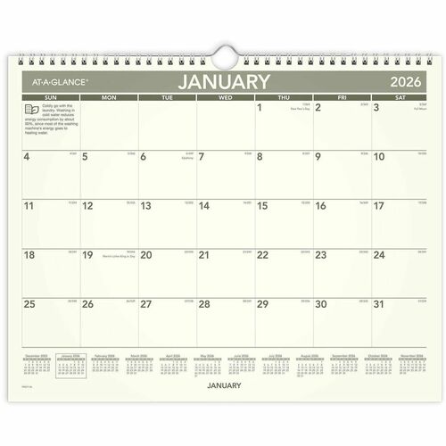 AT-A-GLANCE  Monthly Wall Calendar,12-Mth Jan-Dec,15"x12",Cream/GN