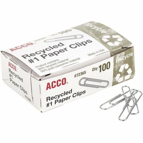 ACCO  Recycled Paper Clips,No 1, 1-9/32" Size,Standard,100/BX, SR
