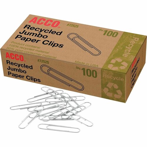ACCO  Recycled Paper Clips,No 4, 1-13/23" Size,Jumbo,100/BX, SR
