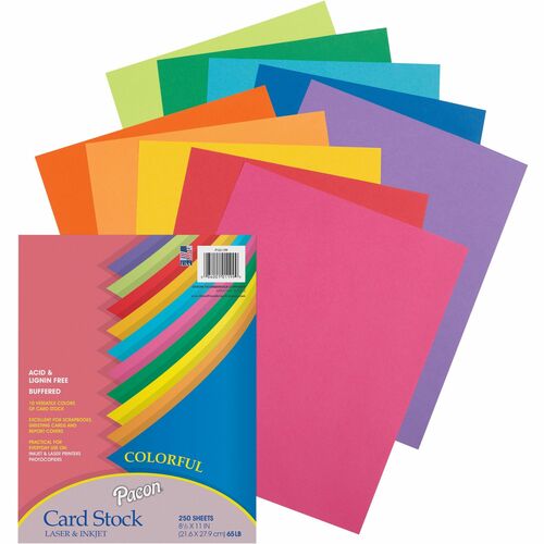Pacon  Cardstock Paper,Jumbo,65 lb.,8-/2"x11",250/PK,AST Color Pk