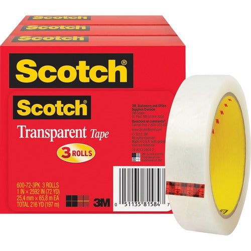 3M  Transparent Tape, 3" Core, 1"x 72 Yds, 3Rolls/PK