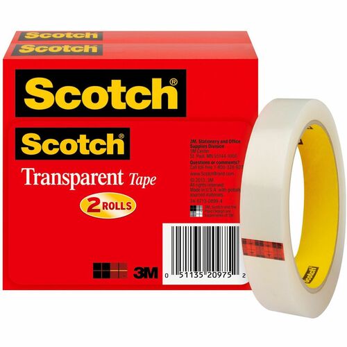 3M  Transparent Tape, 3" Core, 3/4"x2592", 2/PK