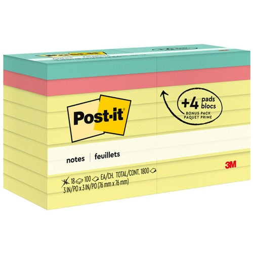 3M  Post-it Notes, 90 Shts/Pads, 3"x3", 18/PK, AST