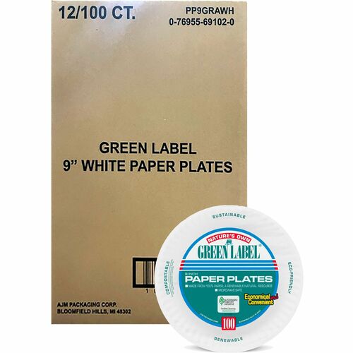 Ajm Packaging Corporation  Paper Plates, Uncoated, 9" Plate, 1200/CT, White