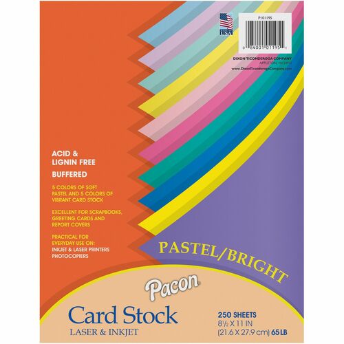 Pacon  Cover Paper,65 lb.,8-1/2"x11",250/Pack,Pastel/Bright AST
