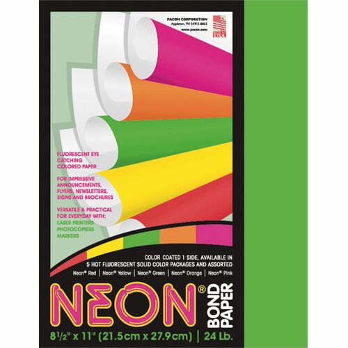 Pacon  Bond Paper, 24 lb., 8-1/2"x11", 100Sht/PK, Neon Green