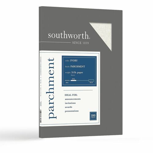 Southworth  Fine Parchment Paper, 24lb., 8-1/2"x11", 100 Sh/PK, Ivory