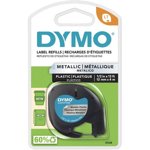 Dymo  LetraTag Tape, 1/2"x13', Plastic, Metallic Silver-DYM91338