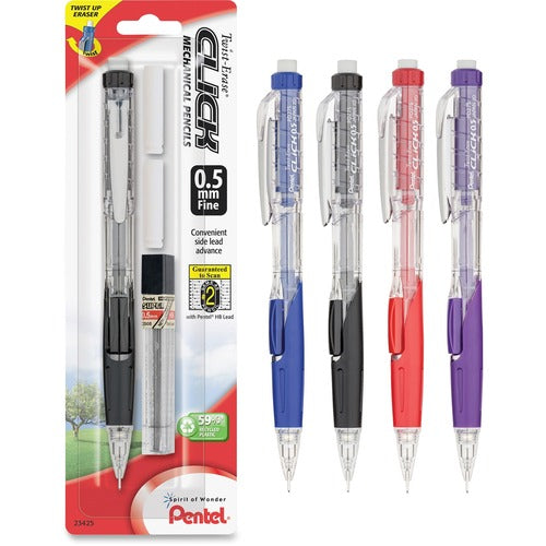 Pentel  Mechanical Pencil, w/Twist Eraser, Refillable, 0.5mm, Asst.