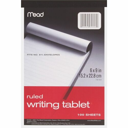 Mead  Writing Tablet,Top-bound,Ruled,20 lb.,6"x9",100 Sh,White
