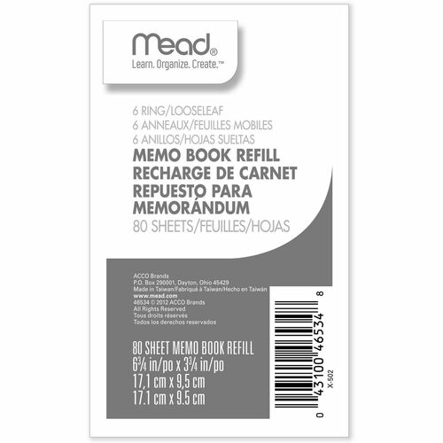 Mead  Memo Book Refill,Narrow Ruled,6HP,6-3/4"x3-3/4",80 Sh,White