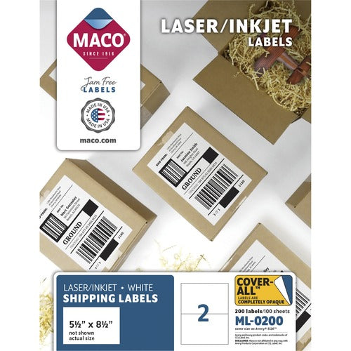 Maco  Return Address Labels, 5.5"x8.5", 200/BX, White