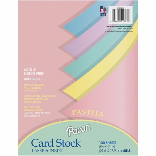 Pacon  Cardstock, 65 lb, 8-1/2"x11", 100/PK, Pastel Assorted