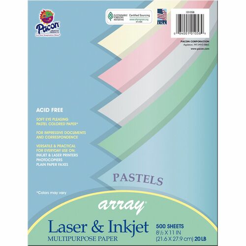 Pacon  Bond Paper,20 lb.,8-1/2"x11",500/RM,Pastel Assorted
