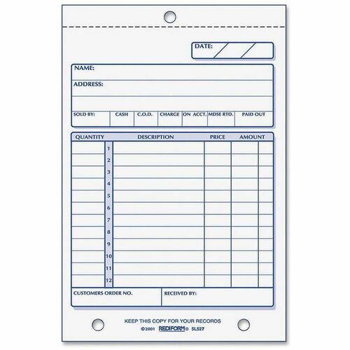 Rediform  Sales Book Form,Carbonless,3 Part,4-1/4"x6-3/8",50 Sets/BK