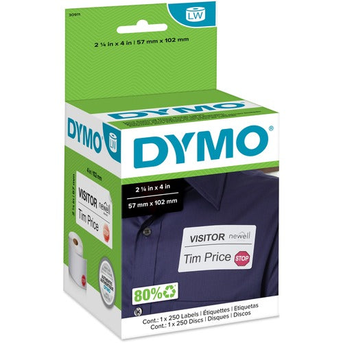 Dymo  Name Badge Labels, Adhesv, Time Expry,4"x2-1/4", 250/RL,WE-DYM30911