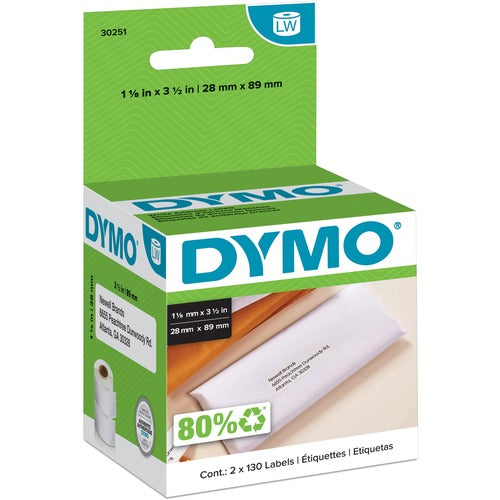 Dymo  Address Labels, 1-1/8"x3-1/2", 130 Labels/RL, 2/BX, White-DYM30251