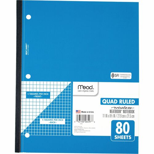 Mead  Wireless Notebook,1-Sub,Quad Rule,11"x8-1/2",80 Shts,WE