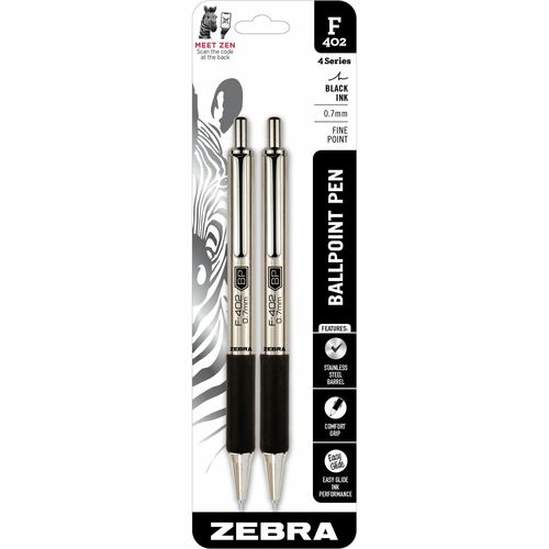 Zebra  Ballpoint Pen,Retract.,0.7mm,2/PK,Black Ink,Stainless Steel