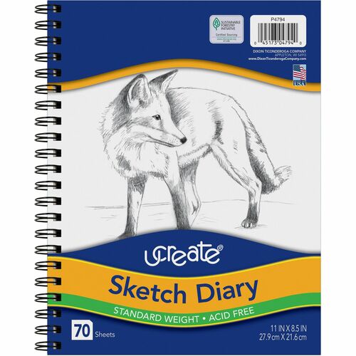 Pacon  Sketch Diary,Spiral Bound,Medium Weight,11"x8-1/2",70 Sheets