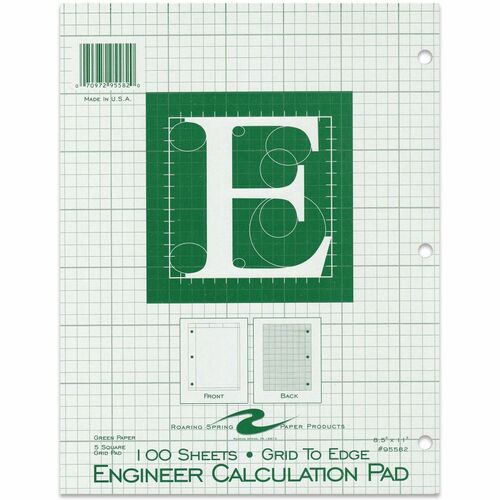 Roaring Spring Paper Products  Engineering Pad,5"x5" Quad,3HP,100 Shts,11"x8-1/2",Green