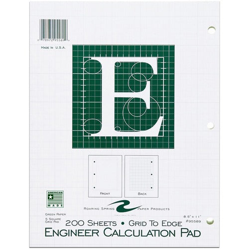Roaring Spring Paper Products  Engineering Pad,5"x5" Quad,3HP,200 Shts,11"x8-1/2",Green