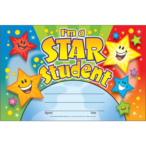 Trend Enterprises  Award, Star Student, 5.5"x8.5", 30/PK, Multi