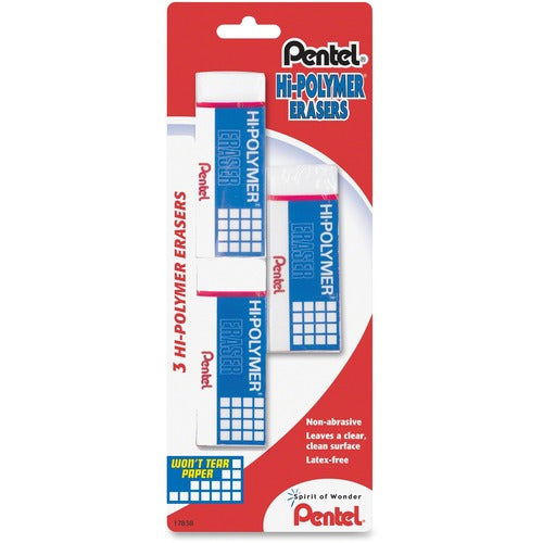 Pentel  Hi-Polymer Eraser, Large, Nonabrasive, 3/PK, White