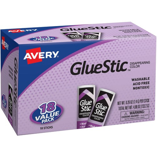 Avery  Glue Sticks, 0.26 oz, 18/PK, Purple Dries Clear