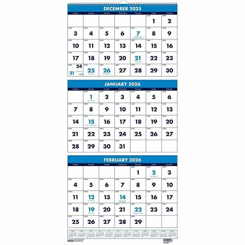House Of Doolittle  Calendar,3-Month,14-Months,Dec-Jan,Wire Bound,12-1/4"x27"-HOD3640