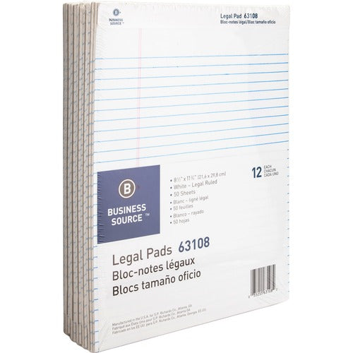 Business Source  Legal Pads, Legal Ruled, 50 Sht, 8-1/2"x11-3/4", 1 Dozen,WE