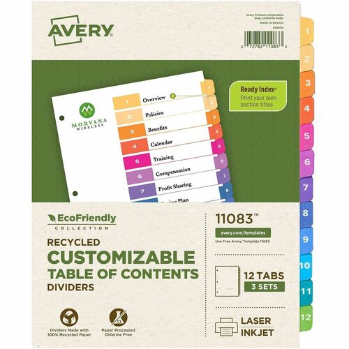 Avery  T/of Contents Dividers, Recycled, 12 Tabs/ST, 3ST/PK, Multi