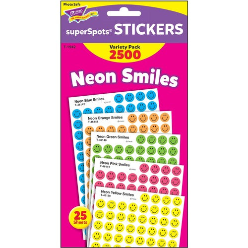 Trend Enterprises  SuperSpot Stickers, Neon Smiles, 2500/PK, 7/16", AST
