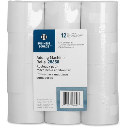Business Source  Adding Machine Paper Rolls, 2-1/4"x150', 12/PK, White