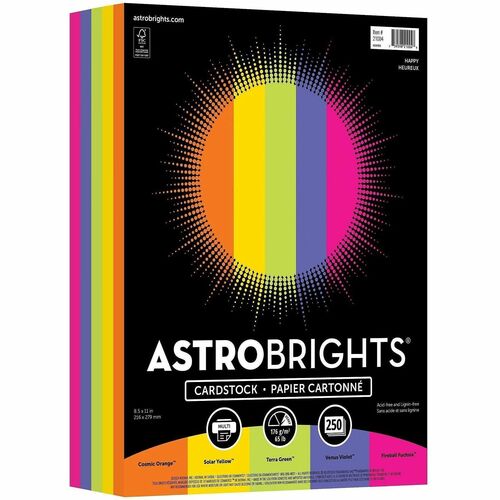 Wausau Papers  Cardstock,Astrobrights,65 lb,8-1/2"x11",250 Shts,Happy AST