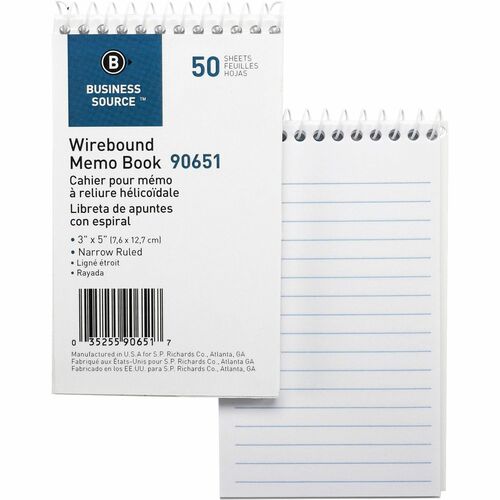 Business Source  Wirebound Memo Book,End Opening,Wire,3"x5",50Shts,White