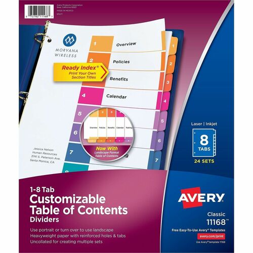 Avery  Index Dividers,TOC,3HP,1-8 Tab,11"x8-1/2",24Set/BX,MI