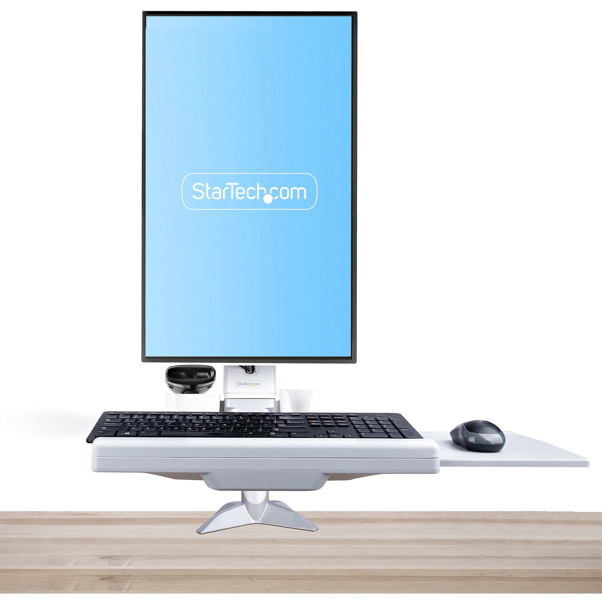 StarTech.com Sit-Stand Monitor Arm with Keyboard/Mouse Tray - Adjustable Desk Mount Sit-Stand Workstation Arm for Single 27" VESA Display - Ergonomic Articulating Standing Desk Converter
